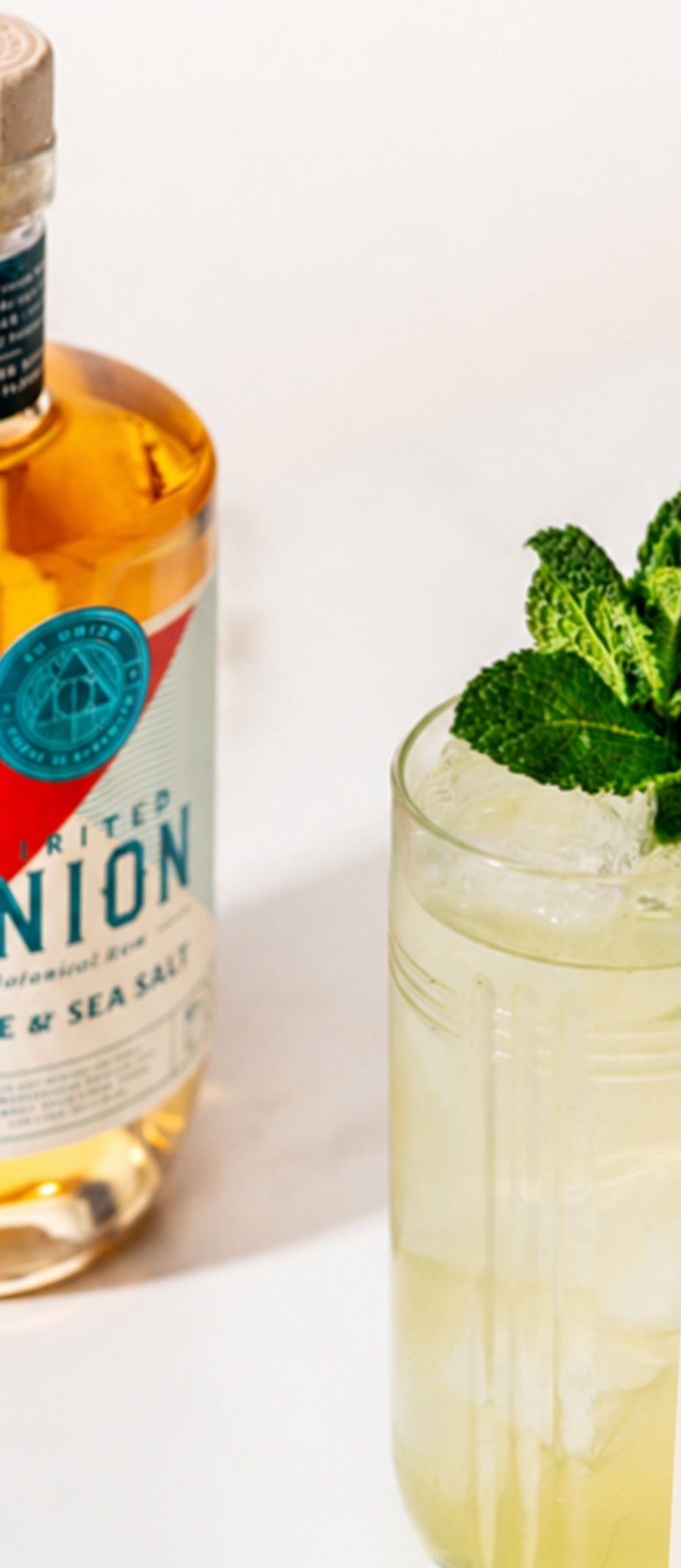 Mojito met verse munt naast een fles Spirited Union Spice & Sea Salt Rum